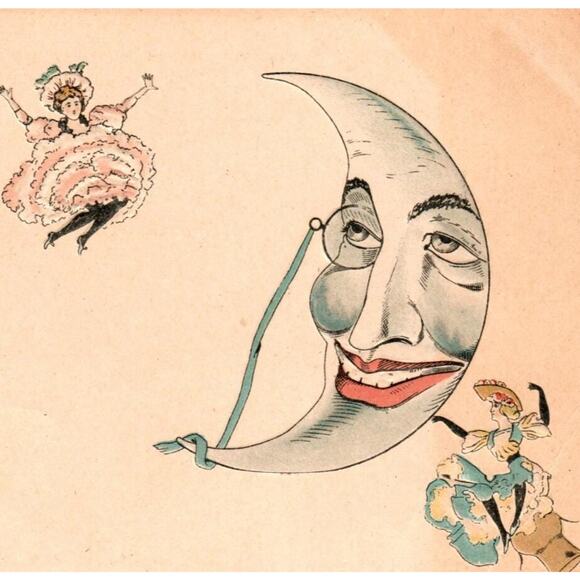 Anthropomorphic Crescent Moon Man Fantasy Postcard Girls New Years 1910 Ser 570 - Picture 2 of 3